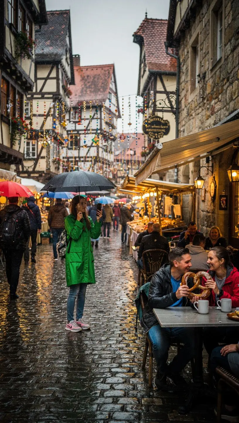 Schneebedeckte Gassen der mittelalterlichen Stadt Rothenburg in der Adventszeit.
